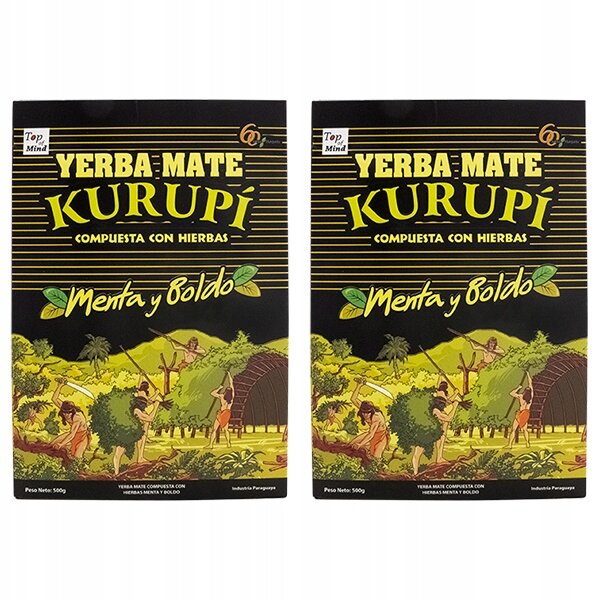 Dwa opakowania Yerba Mate Kurupi Compuesta con Hierbas Menta y Boldo, każde o wadze 500g, z ilustracją przedstawiającą ludzi w tropikalnym krajobrazie. Na opakowaniach widnieje napis \'Top of Mind\'.