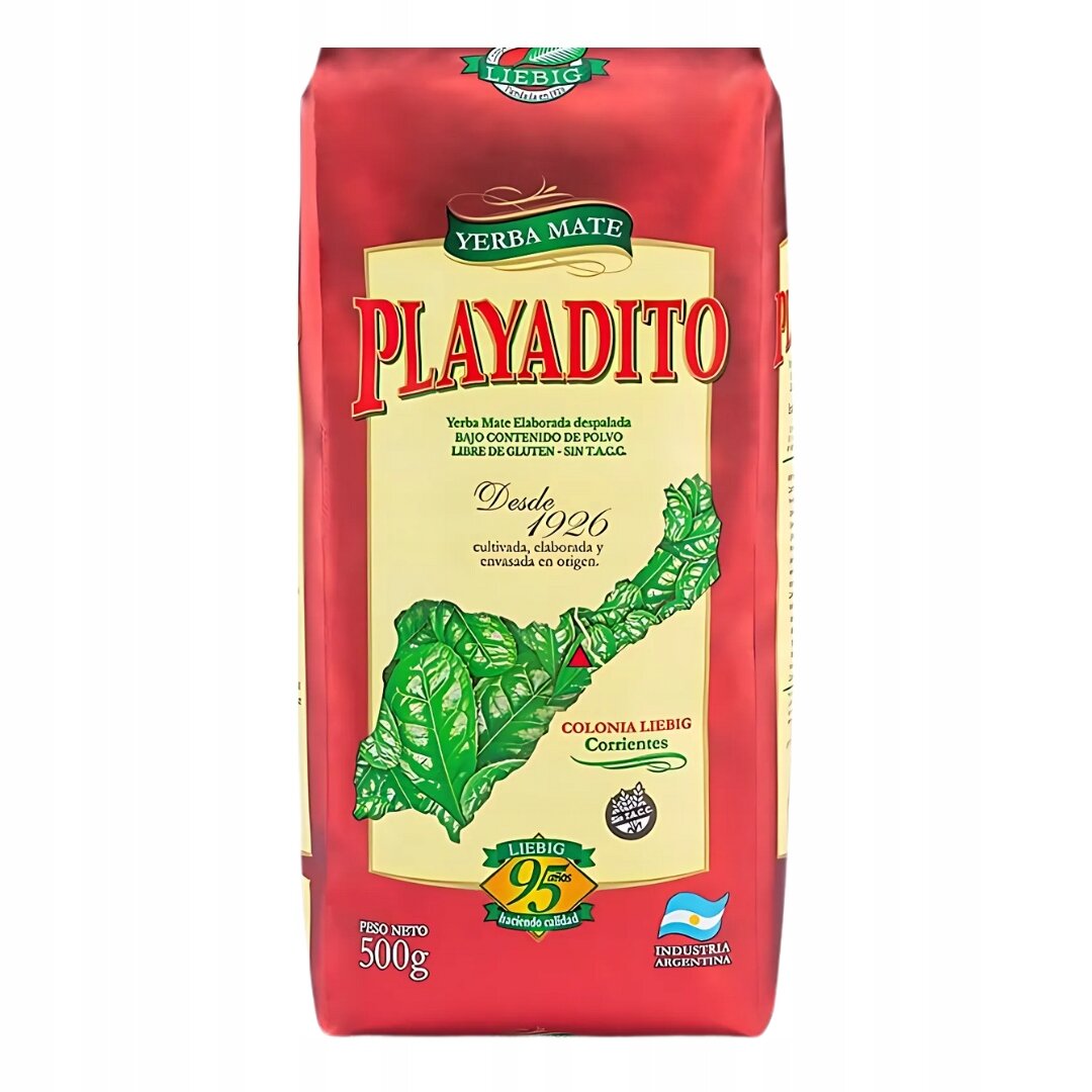 Opakowanie Yerba Mate Playadito Despalada Sin Palo 500g z czerwonym tłem i dużym napisem \'PLAYADITO\'. Widoczne są również zielone liście oraz teksty informacyjne, takie jak \'Desde 1926\' i \'Peso Neto 500g\'.