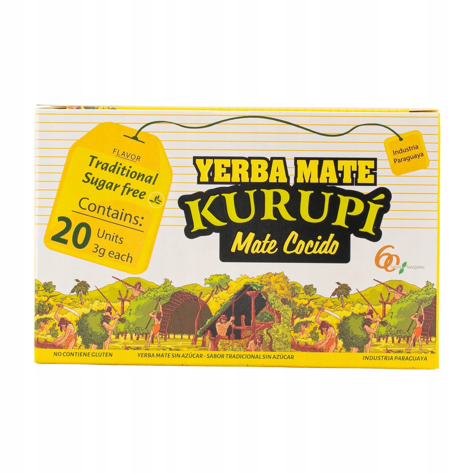 Opakowanie Yerba Mate Kurupi Mate Cocido z napisem \'Traditional Sugar Free\' oraz informacją \'Contains: 20 Units 3g each\'. Na dole opakowania widnieje napis \'No contiene gluten\' oraz \'Industria Paraguaya\'.