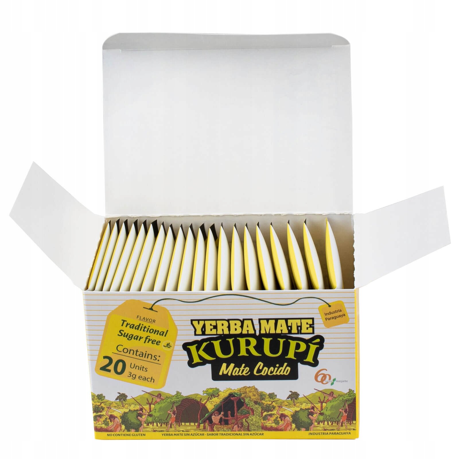 Otwarty karton z saszetkami Yerba Mate Kurupi Mate Cocido. Na opakowaniu widnieje napis: \'Traditional Sugar Free, Contains: 20 Units 3g each\'.