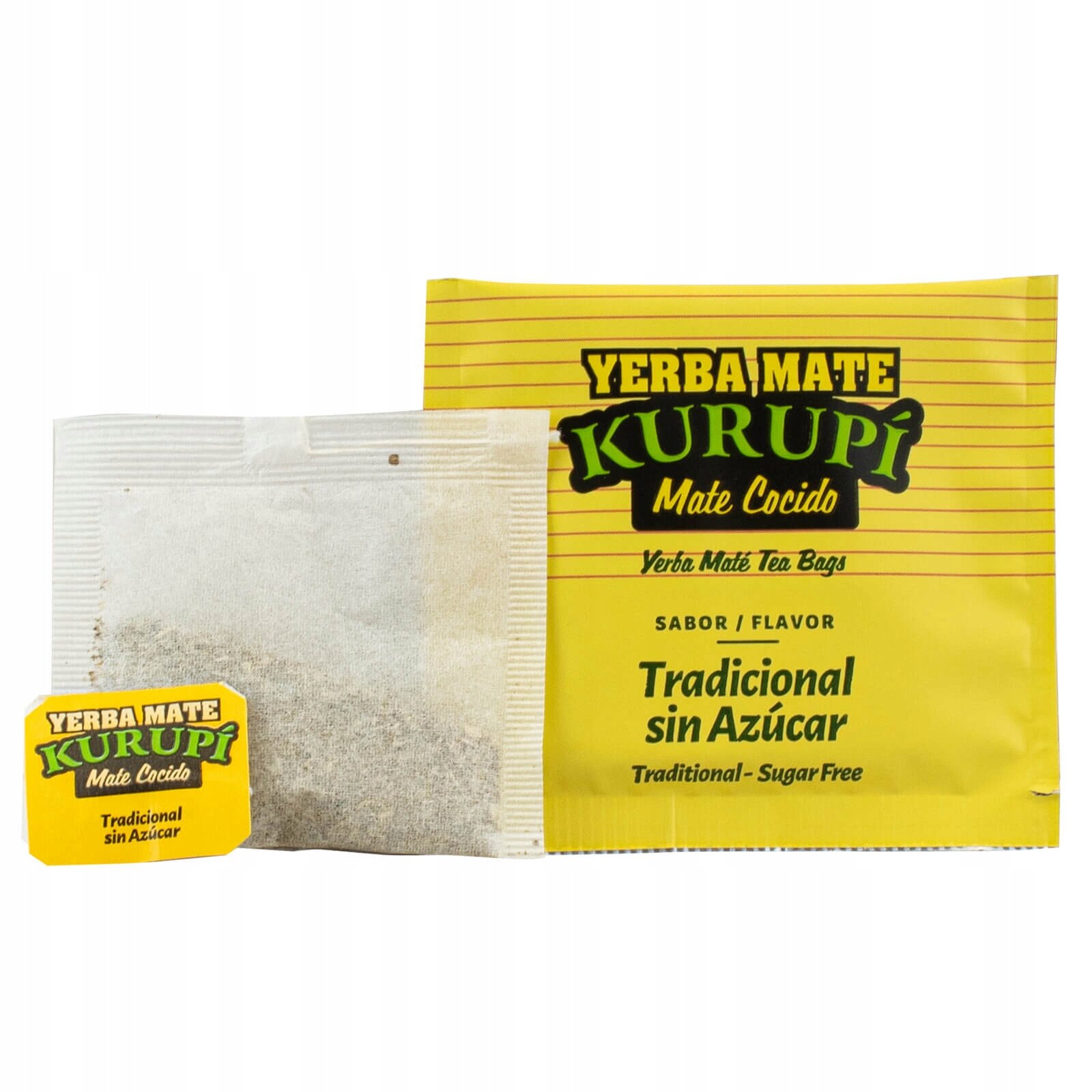 Na obrazie widoczne są dwie saszetki Yerba Mate Kurupi Mate Cocido. Na większej saszetce znajduje się tekst: \'Yerba Mate Kurupi Mate Cocido Yerba Mate Tea Bags Sabor/Flavor Tradicional sin Azúcar Traditional - Sugar Free\'.