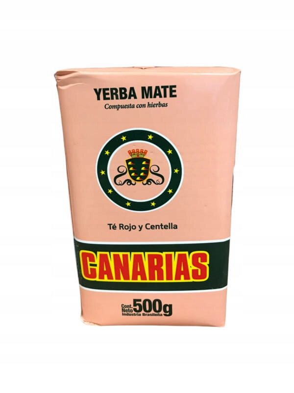 Opakowanie Yerba Mate Canarias z napisem \'Té Rojo y Centella\' oraz \'CANARIAS\'. Waga netto wynosi 500g, a na opakowaniu widnieje herb otoczony gwiazdami.