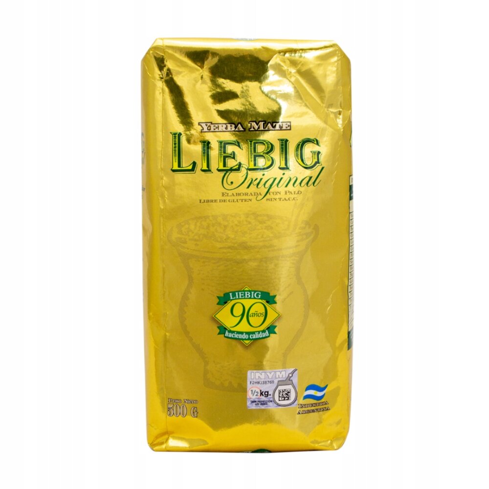 Opakowanie Yerba Mate Liebig Original 500g w kolorze złotym z widocznym napisem \'LIEBIG Original\'. Na dole opakowania znajduje się informacja \'Peso Neto 500 G\'.