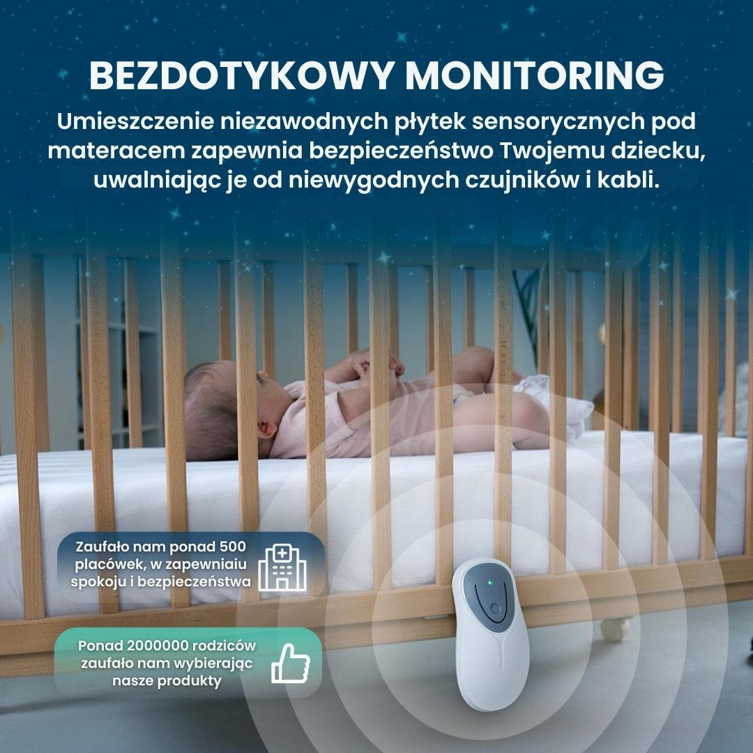 Na obrazie widać niemowlę leżące w łóżeczku oraz urządzenie monitorujące zamontowane na zewnątrz łóżeczka. Tekst na obrazie: \'BEZDOTYKOWY MONITORING Umieszczenie niezawodnych płyt sensorycznych pod materacem zapewnia bezpieczeństwo Twojemu dziecku, uwalniając je od niewygodnych czujników i kabli. Zaufało nam ponad 500 placówek, w zapewnieniu spokoju i bezpieczeństwa. Ponad 2000000 rodziców zaufało nam wybierając nasze produkty.\'
