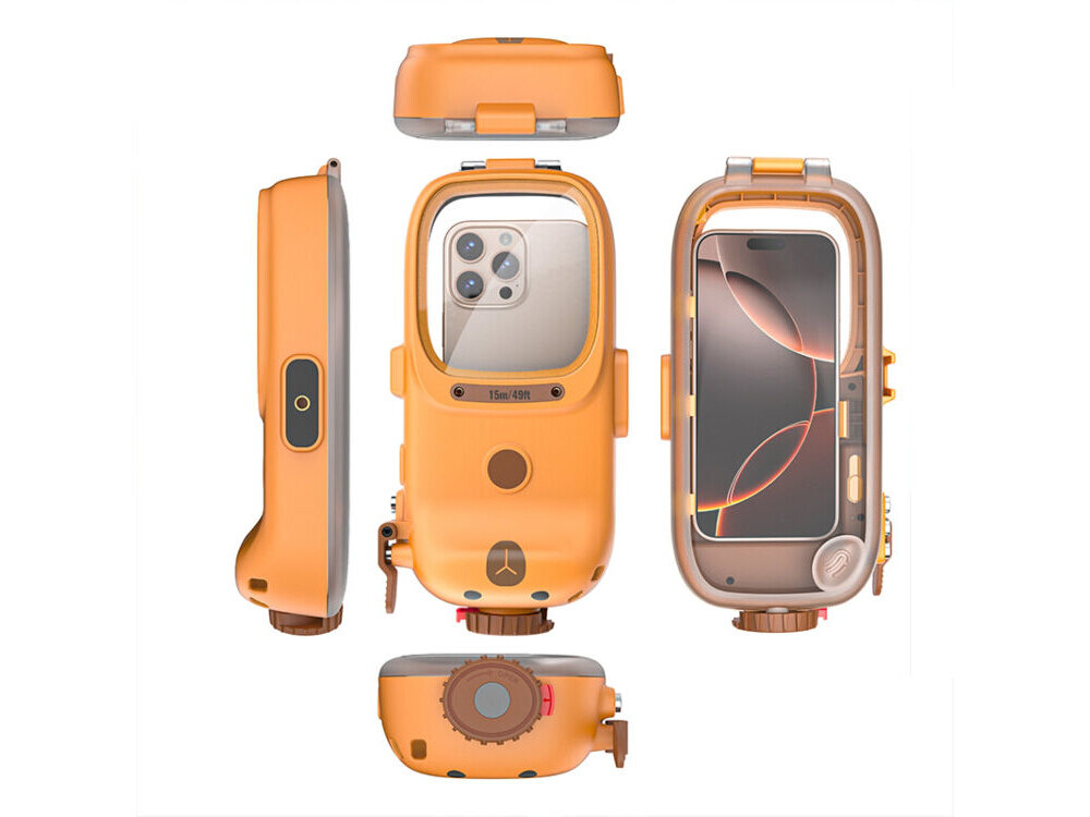 Na obrazie widoczne jest pomarańczowe etui wodoodporne z przezroczystym frontem, w którym umieszczony jest smartfon. Na etui znajduje się napis \'15m/49ft\'.