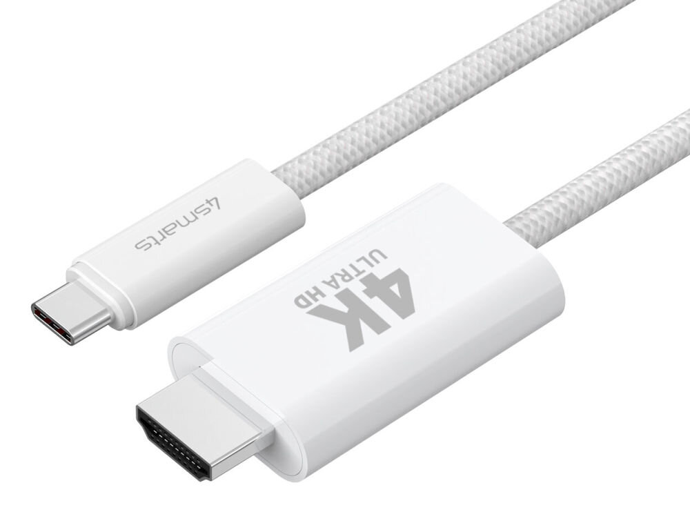 Na obrazie widoczny jest biały kabel z końcówkami USB-C i HDMI. Na końcówce HDMI znajduje się napis \'4K ULTRA HD\', a na końcówce USB-C logo \'4smarts\'.