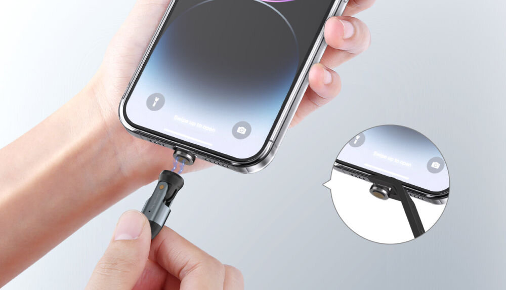 Osoba trzyma smartfon, do którego podłączany jest magnetyczny kabel USB-C. Obok znajduje się powiększenie pokazujące szczegóły połączenia kabla z urządzeniem.