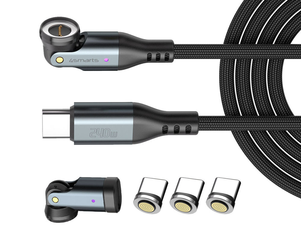 Na obrazie widoczny jest czarny kabel magnetyczny USB-C z metalowymi końcówkami, oznaczony napisem \'4smarts\' i \'240W\'. Obok kabla znajdują się trzy magnetyczne adaptery USB-C.
