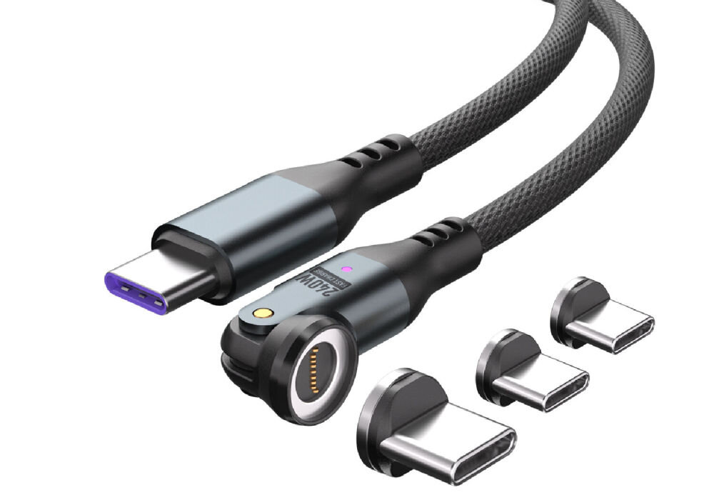 Na obrazie widoczny jest czarny kabel USB-C z magnetycznymi końcówkami, oznaczony napisem \'240W\'. Obok kabla znajdują się trzy wymienne końcówki USB-C.