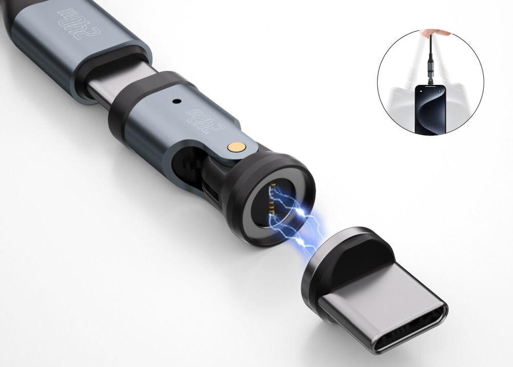 Obraz przedstawia magnetyczny kabel USB-C z odłączanym złączem, z widocznymi efektami świetlnymi sugerującymi przepływ energii. W prawym górnym rogu znajduje się mała ilustracja pokazująca kabel podłączony do smartfona.