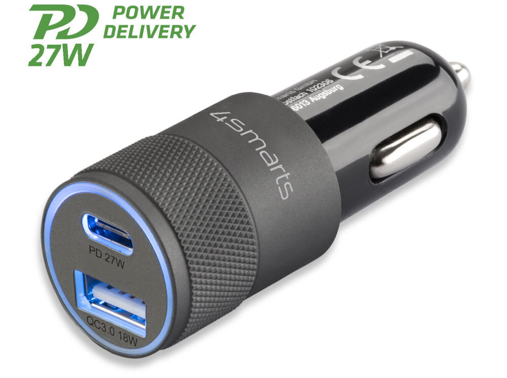 Czarna ładowarka samochodowa z dwoma portami USB, oznaczonymi jako PD 27W i QC3.0 18W, z widocznym logo \'4smarts\'. Obok ładowarki znajduje się napis \'POWER DELIVERY PD 27W\'.