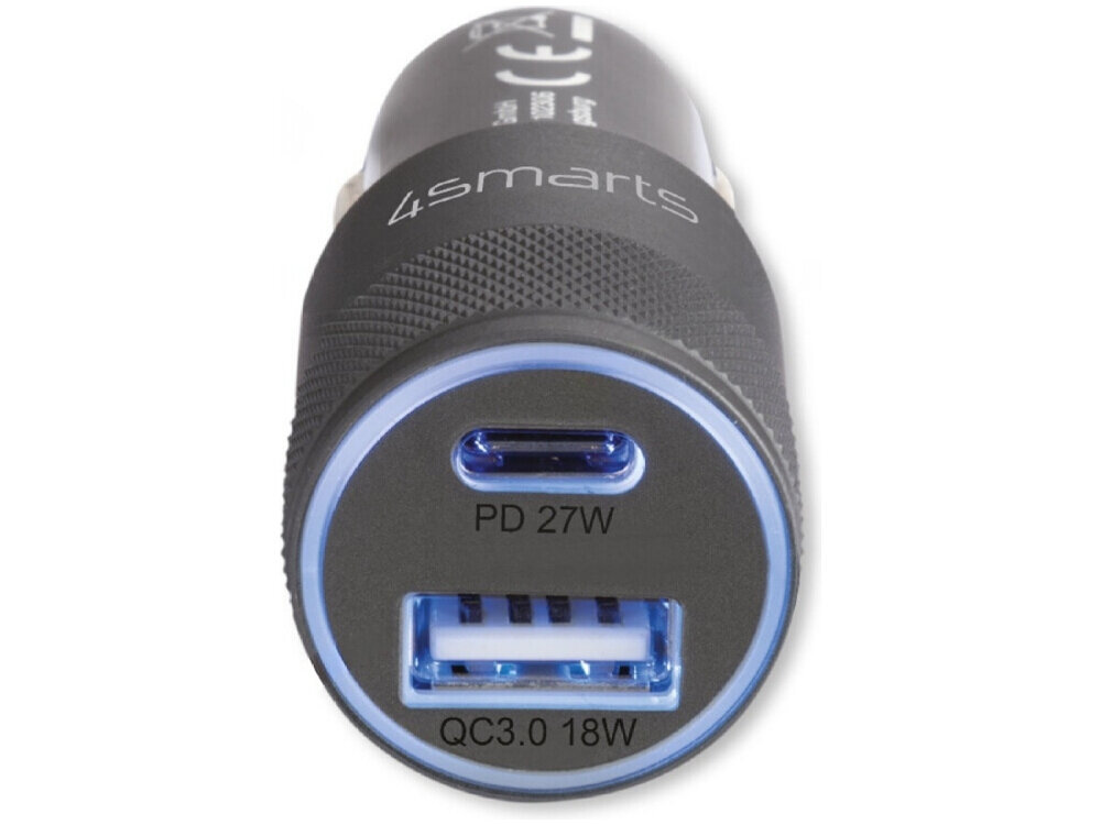 Czarna ładowarka samochodowa z dwoma portami: USB-C oznaczonym \'PD 27W\' i USB-A oznaczonym \'QC3.0 18W\'. Na obudowie widoczne jest logo \'4smarts\'.