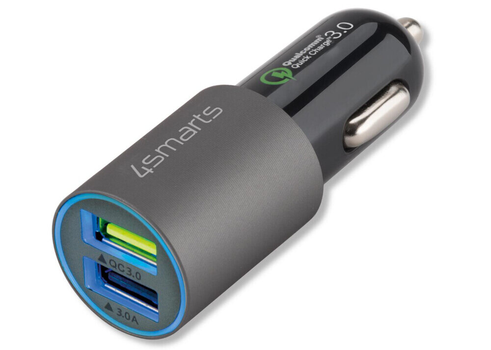 Szara ładowarka samochodowa z dwoma portami USB oznaczonymi jako QC3.0 i 3.0A. Na obudowie widoczne jest logo \'4smarts\' oraz napis \'Qualcomm Quick Charge 3.0\'.