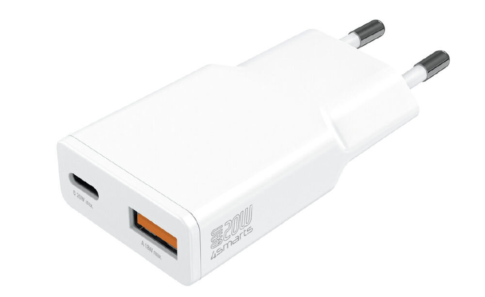 Biała ładowarka sieciowa z dwoma portami: USB-C i USB-A. Na obudowie widoczny jest napis \'20W 4smarts\'.