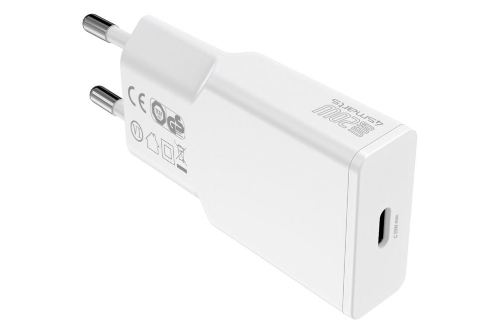 Biała ładowarka sieciowa z wtyczką USB-C, oznaczona jako 20W 4SMARTS. Na obudowie widoczne są symbole certyfikacyjne oraz logo producenta.