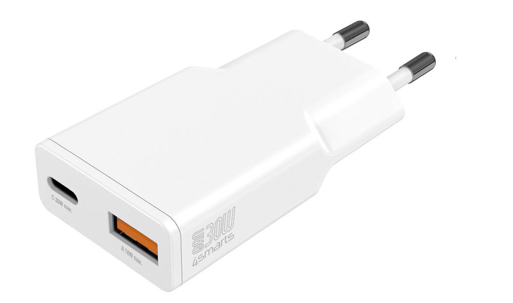 Biała ładowarka sieciowa z dwoma portami: USB-C i USB-A. Na obudowie widoczny jest napis \'30W 4smarts\'.