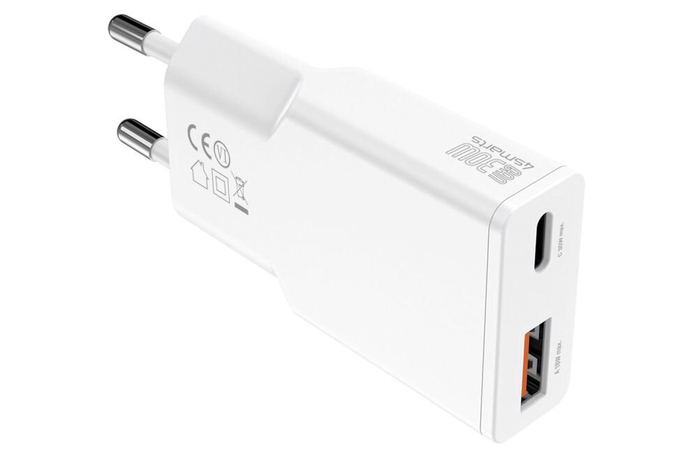 Biała ładowarka sieciowa z dwoma portami: USB i USB-C. Na obudowie widoczne są oznaczenia CE oraz logo \'4SMARTS 30W\'.