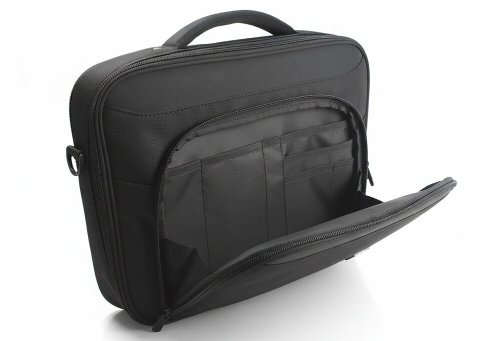 Czarna torba na laptopa z uchwytem, posiadająca otwartą przednią kieszeń z przegródkami. Torba ma zamek błyskawiczny i jest przeznaczona na laptopy o przekątnej 13-14 cali.
