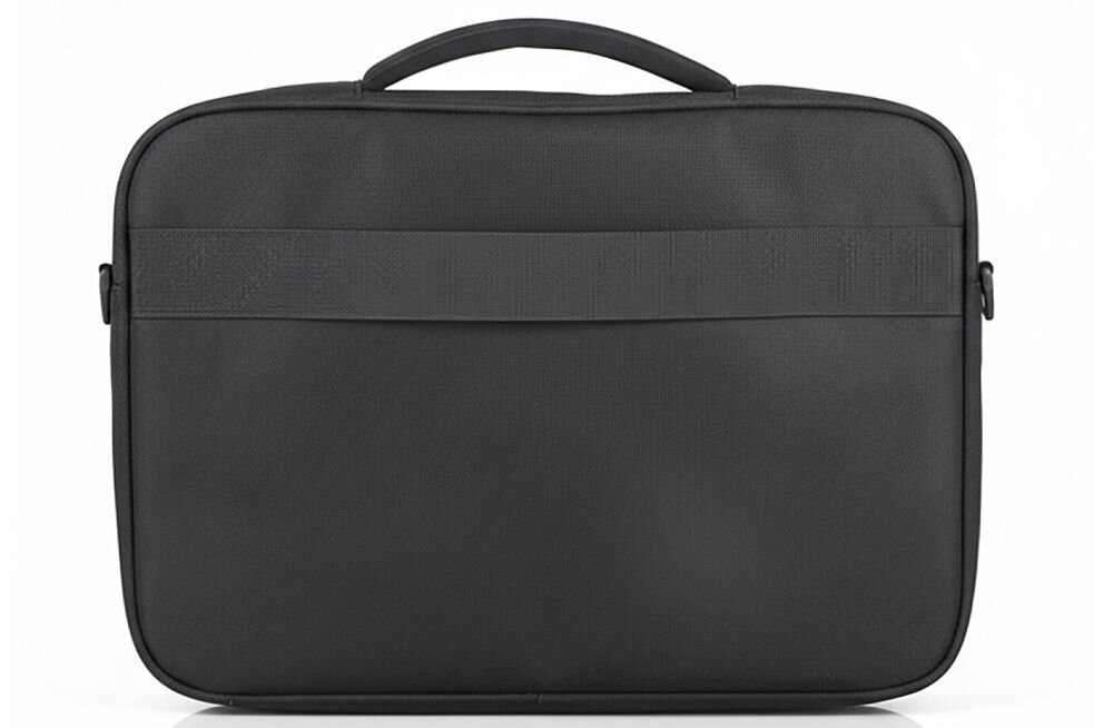 Czarna torba na laptopa o prostokątnym kształcie z uchwytem na górze i paskiem na tylnej stronie. Torba ma gładką powierzchnię i minimalistyczny design.