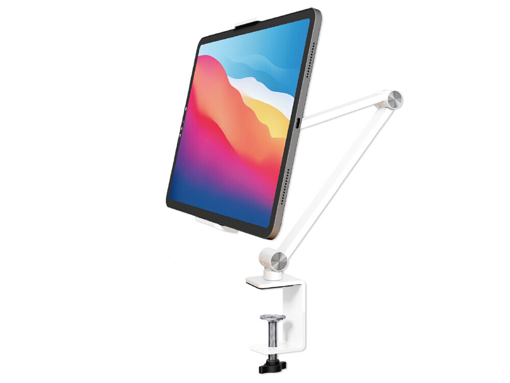 Biały stojak na telefon/tablet z regulowanym ramieniem, do którego przymocowany jest tablet z kolorowym ekranem. Stojak jest zamocowany do powierzchni za pomocą zacisku.