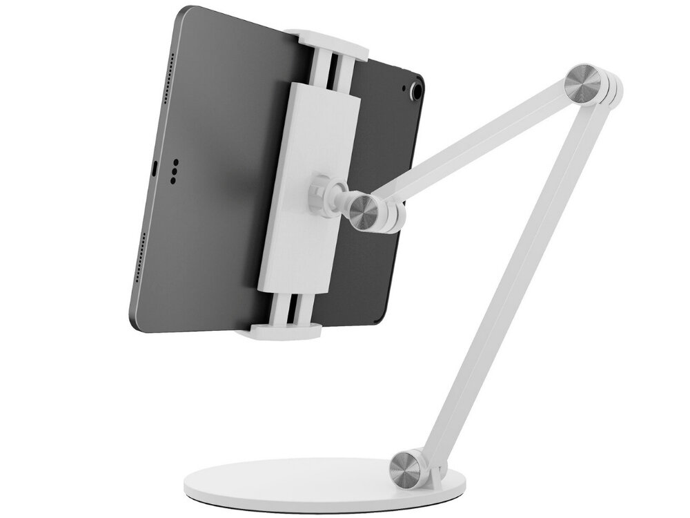 Biały uchwyt na tablet lub telefon z regulowanym ramieniem, zamocowany na okrągłej podstawie. Tablet jest umieszczony w uchwycie, widoczny z tyłu.