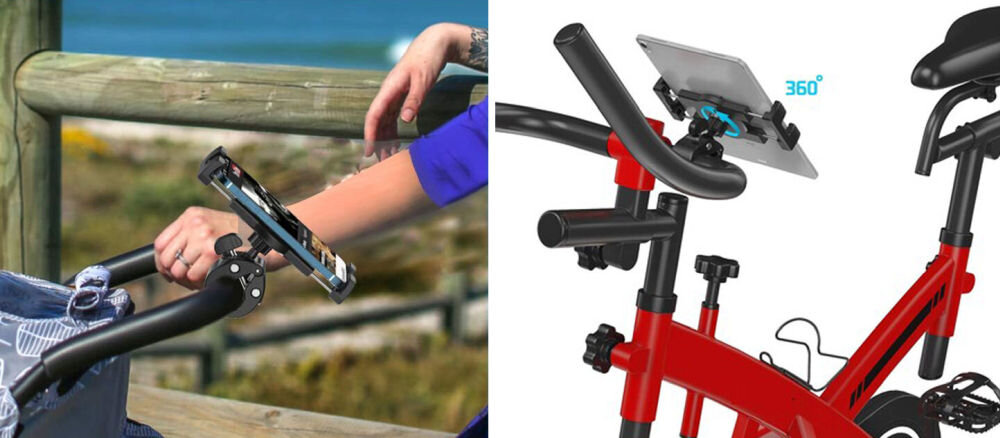 Obraz przedstawia uchwyt na tablet zamontowany na kierownicy roweru oraz na symulatorze rowerowym. Uchwyt umożliwia obrót tabletu o 360 stopni.