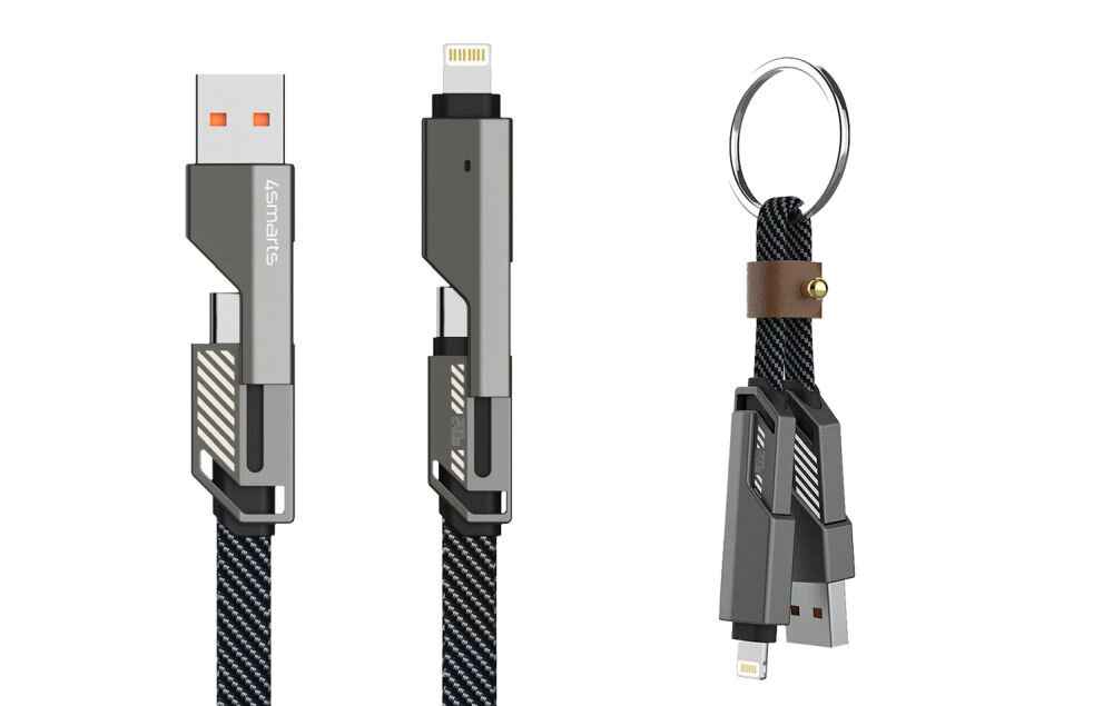 Na obrazie widoczny jest kabel z końcówkami USB-A, USB-C i Lightning, z logo \'4smarts\' na jednej z wtyczek. Kabel jest grafitowy, pleciony, a jego końcówki są połączone brelokiem z metalowym kółkiem i skórzanym paskiem.