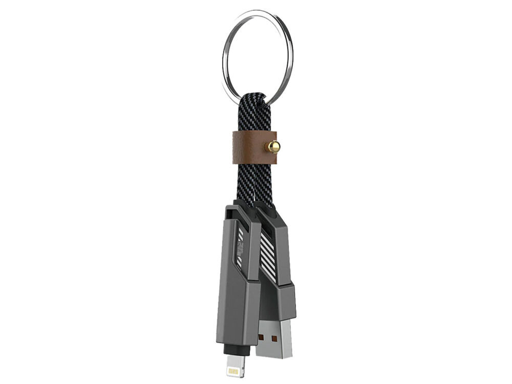 Grafitowy kabel USB-A/USB-C - USB-C/Lightning z płaskim designem, zakończony metalowym kółkiem i skórzanym paskiem.