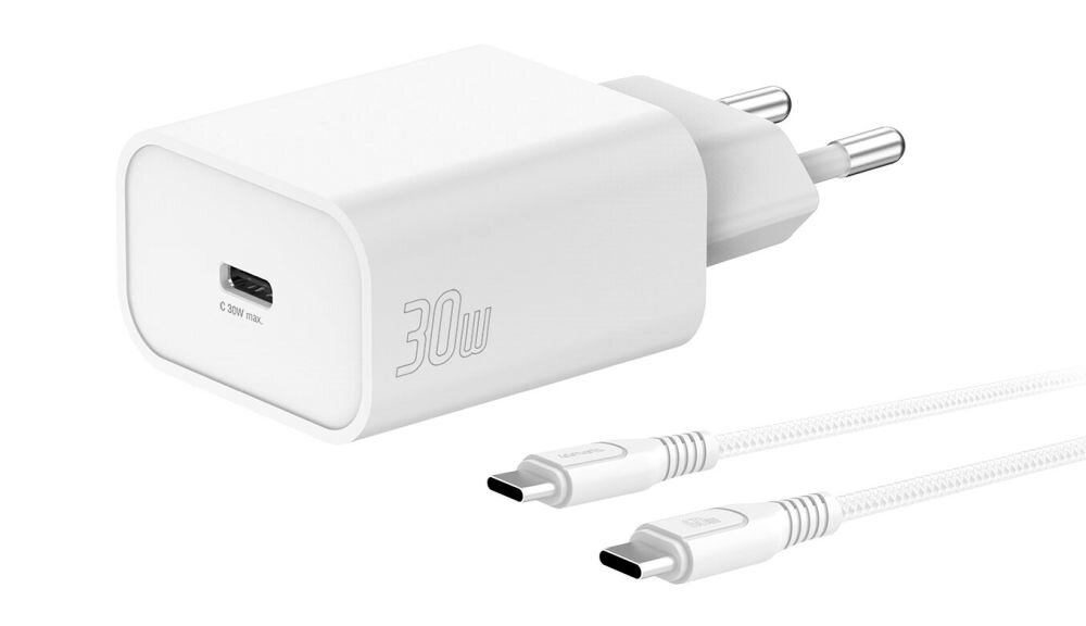 Biała ładowarka sieciowa z napisem \'30W\' oraz portem USB-C. Obok znajduje się biały kabel USB-C do USB-C.