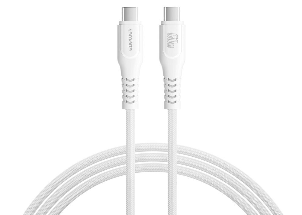 Biały kabel USB-C do USB-C z plecionym oplotem, na którym widoczne są napisy \'4smarts\' i \'60W\'.
