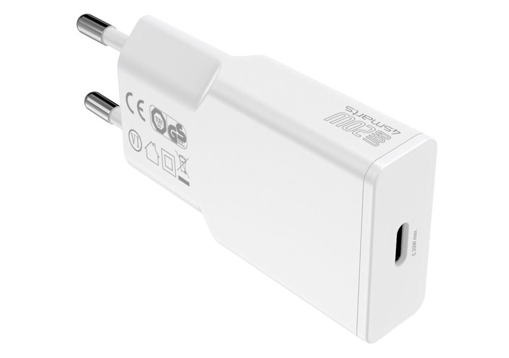 Biała ładowarka sieciowa z wtyczką typu C i oznaczeniami certyfikatów na obudowie. Na końcu ładowarki znajduje się port USB-C oraz napis \'20W 4smarts\'.