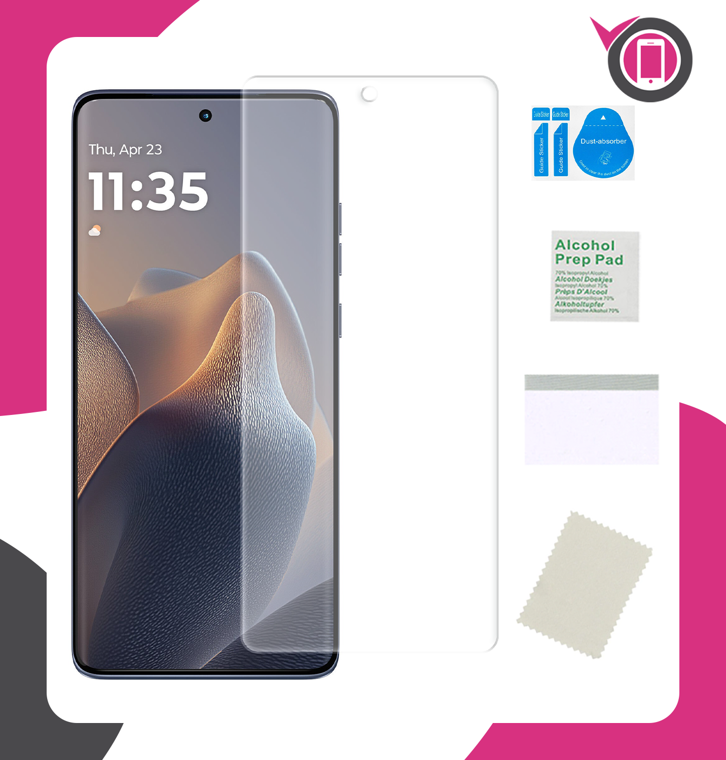 Na obrazie widoczny jest smartfon z nałożoną folią ochronną oraz zestaw akcesoriów do jej aplikacji, w tym ściereczka, naklejki do usuwania kurzu i chusteczka nasączona alkoholem. W tle znajduje się logo z symbolem telefonu.