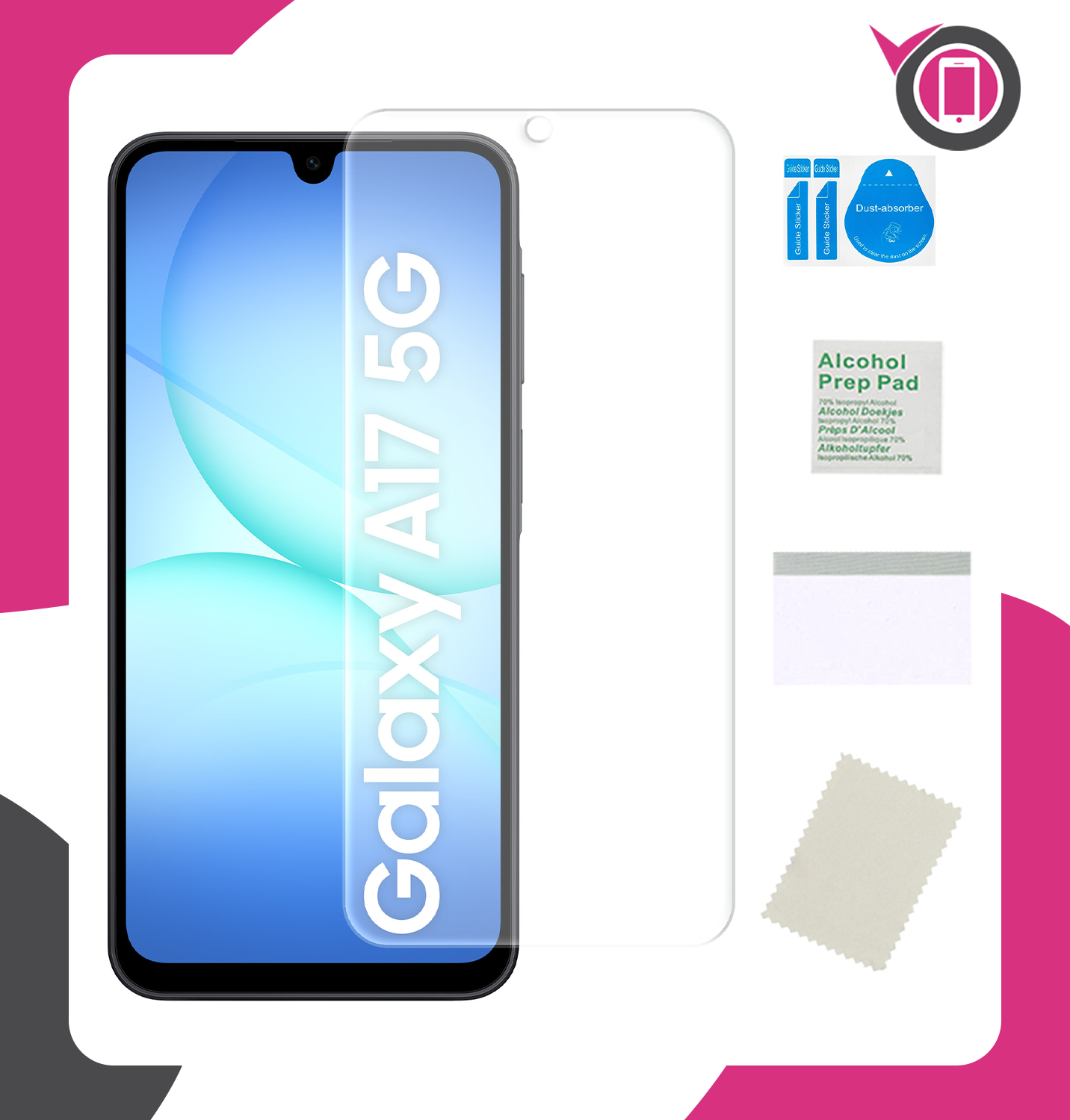 Obraz przedstawia telefon z napisem \'Galaxy A17 5G\' oraz zestaw akcesoriów do montażu folii ochronnej, w tym ściereczkę, naklejki do usuwania kurzu i chusteczkę nasączoną alkoholem.