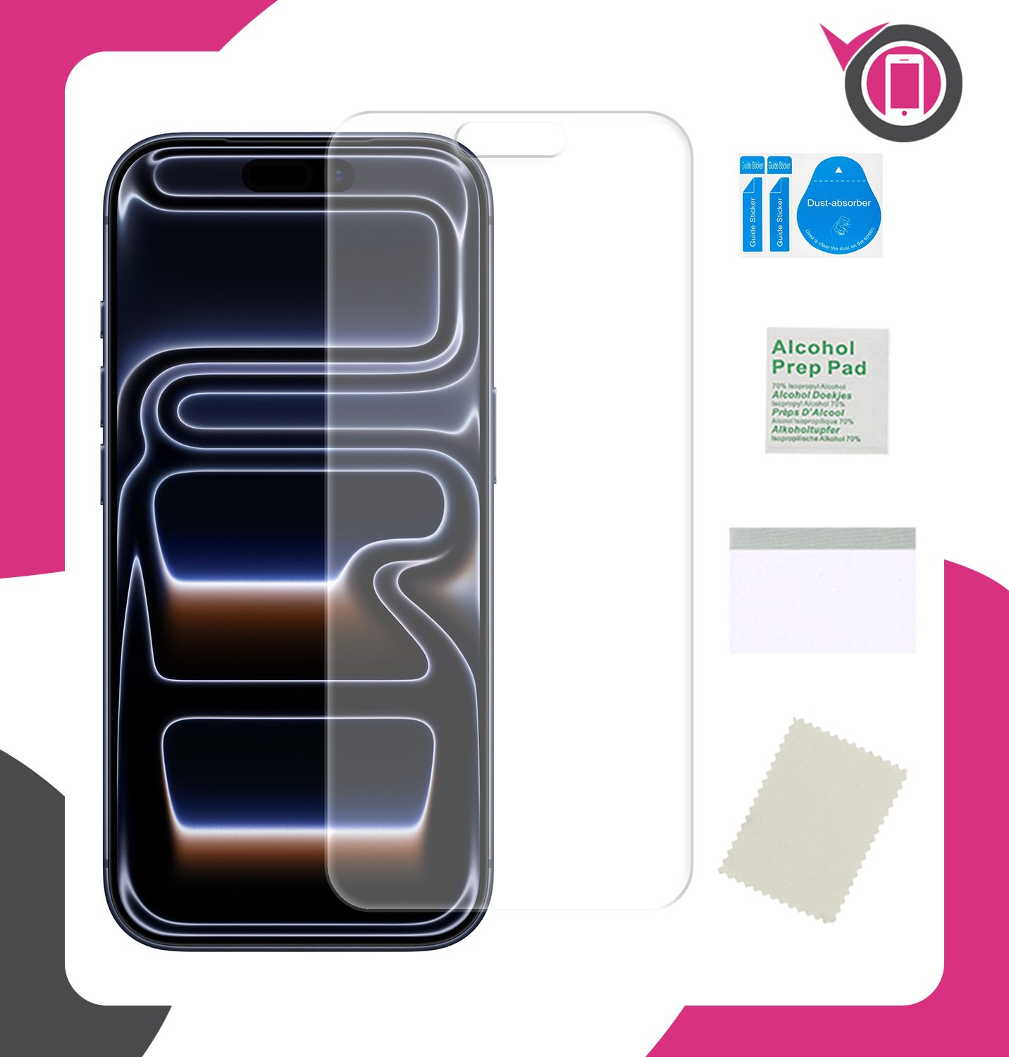 Obraz przedstawia telefon z nałożoną przezroczystą folią ochronną na ekran. Obok znajdują się akcesoria do montażu, takie jak ściereczka, naklejki do usuwania kurzu i chusteczka nasączona alkoholem.
