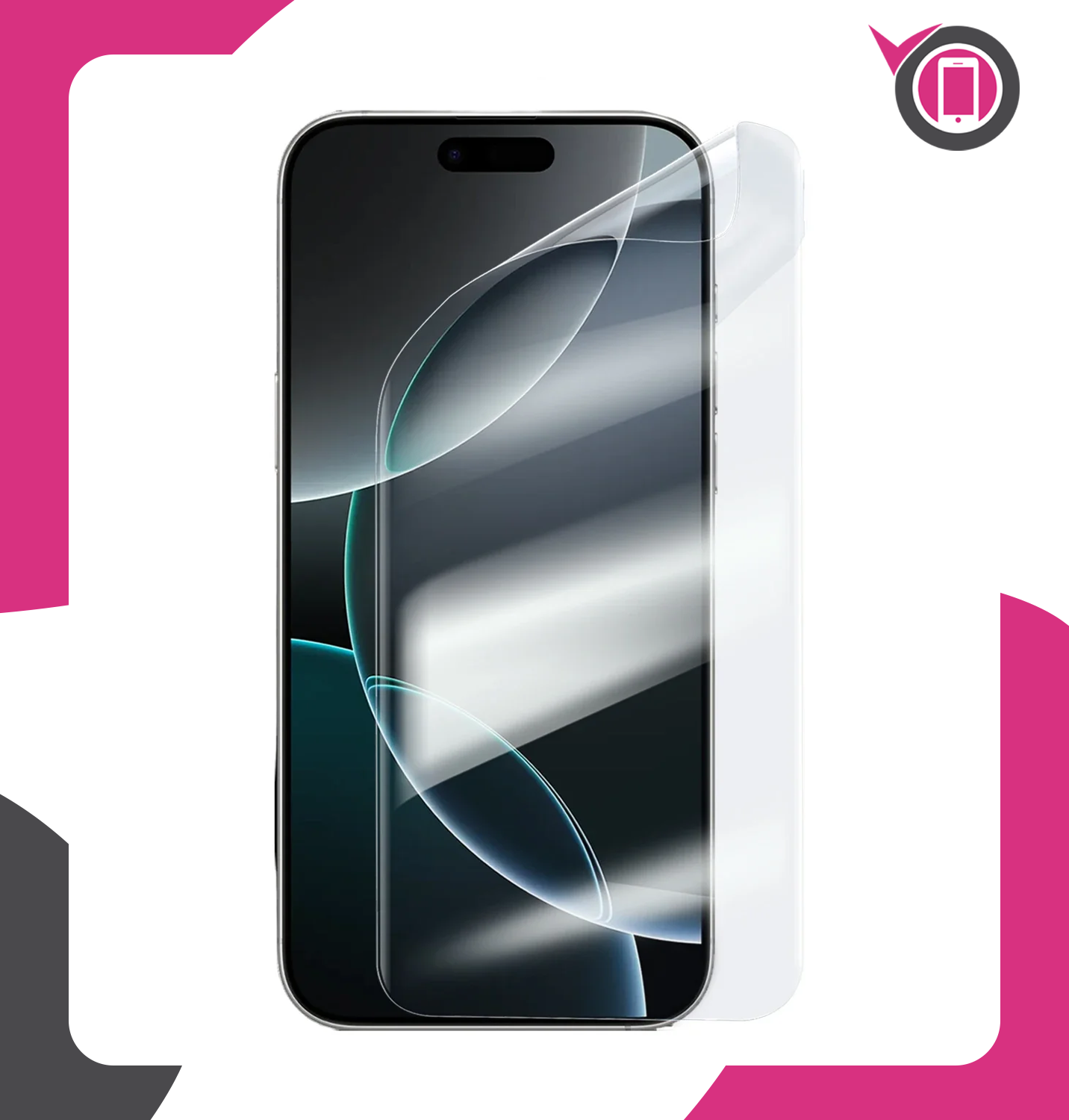 Na obrazie widoczny jest smartfon z nałożoną przezroczystą folią ochronną na ekran. W tle znajduje się różowo-czarne tło z ikoną telefonu w okręgu.