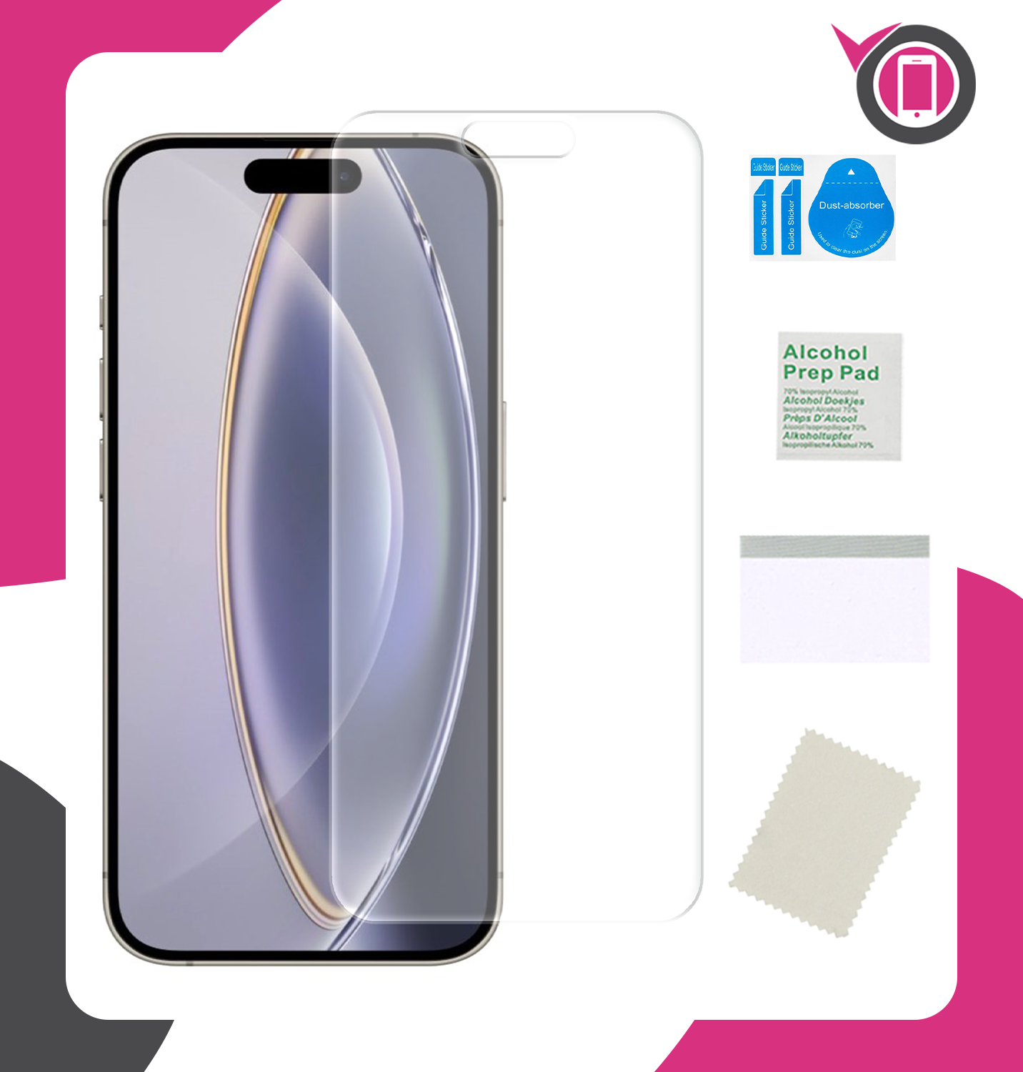 Na obrazie widoczny jest telefon z nałożoną przezroczystą folią ochronną na ekran. Obok znajdują się akcesoria do aplikacji folii, takie jak ściereczka, naklejki do usuwania kurzu i chusteczka nasączona alkoholem z napisem \'Alcohol Prep Pad\'.