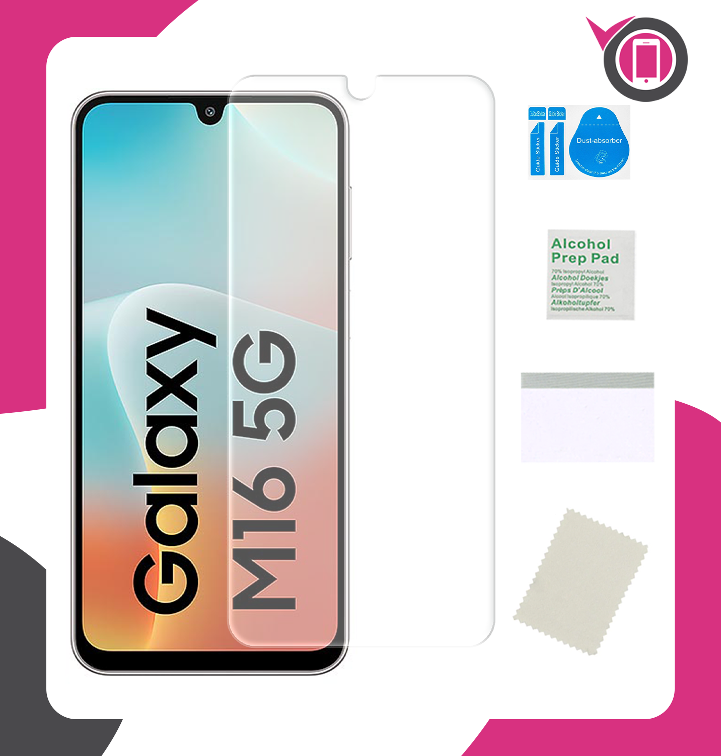 Obraz przedstawia telefon z napisem \'Galaxy M16 5G\' oraz zestaw akcesoriów do montażu folii ochronnej, w tym ściereczkę, naklejki do usuwania kurzu i chusteczkę nasączoną alkoholem.