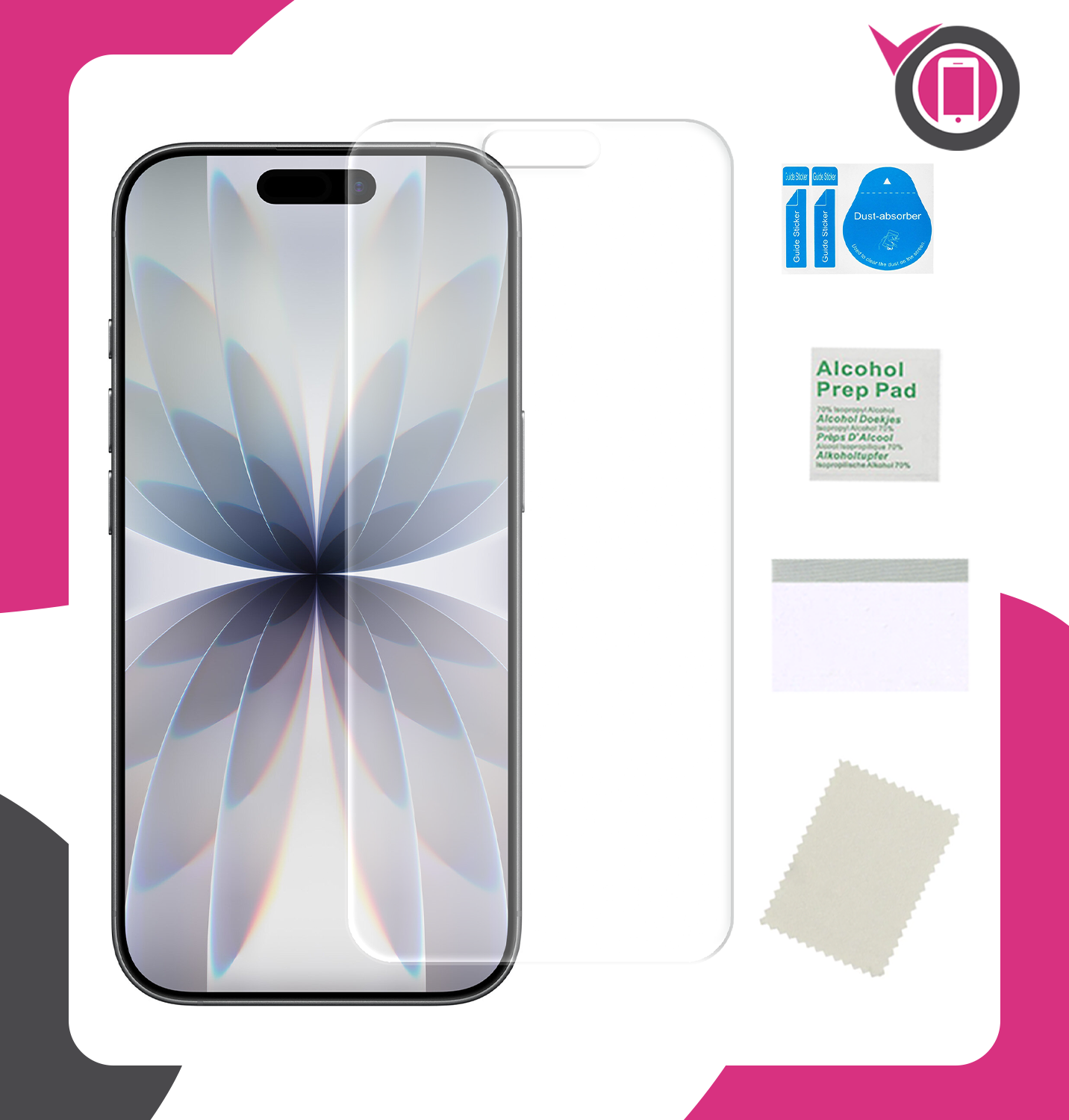 Obraz przedstawia telefon z nałożoną folią ochronną oraz zestaw akcesoriów do jej aplikacji, w tym ściereczkę, naklejki do usuwania kurzu i chusteczkę nasączoną alkoholem. W tle widoczne jest logo z ikoną telefonu.