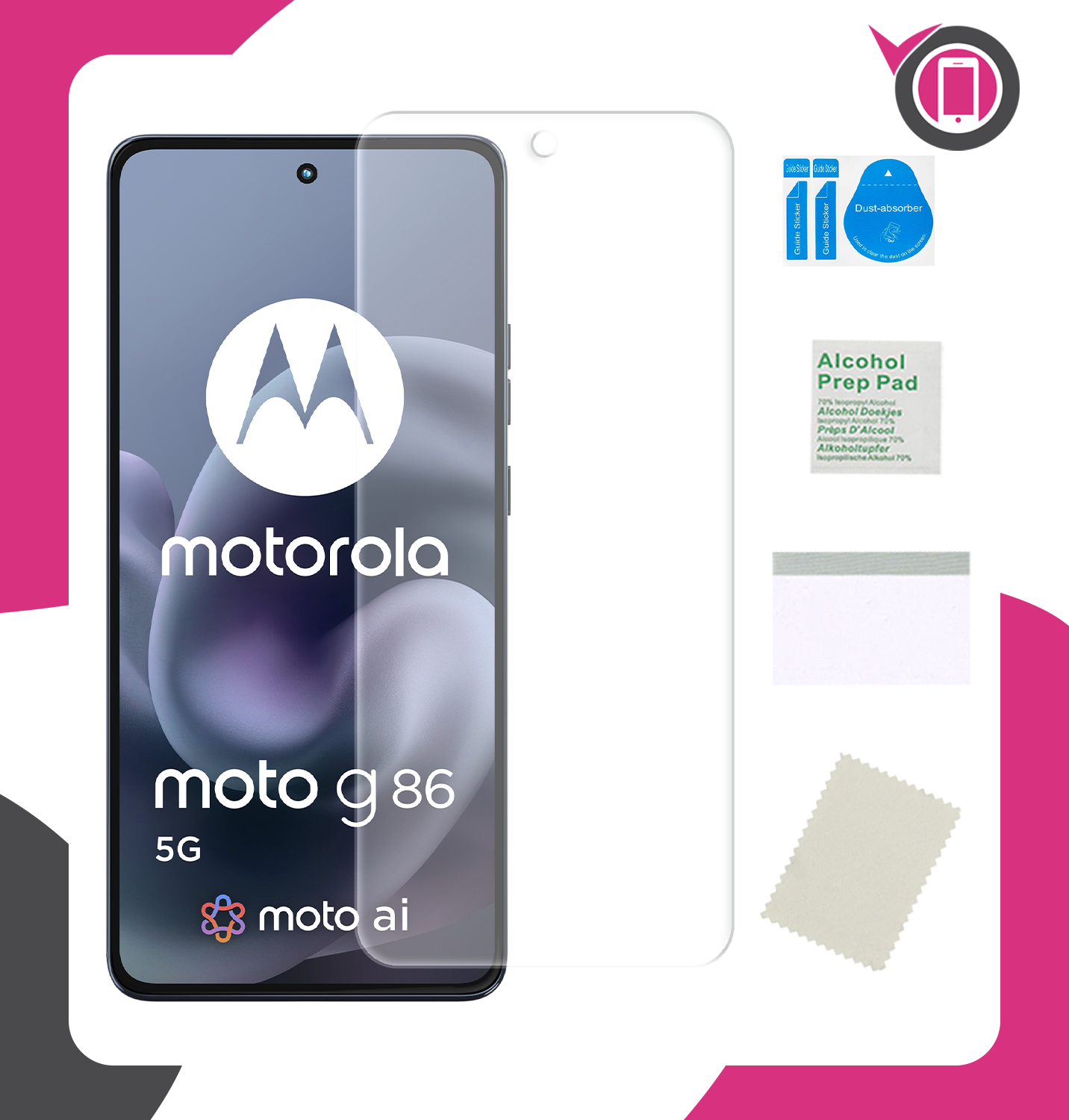 Obraz przedstawia telefon Motorola Moto G86 5G z nałożoną folią ochronną na ekran. Obok znajdują się akcesoria do aplikacji folii, takie jak ściereczka, naklejki do usuwania kurzu i chusteczka nasączona alkoholem.