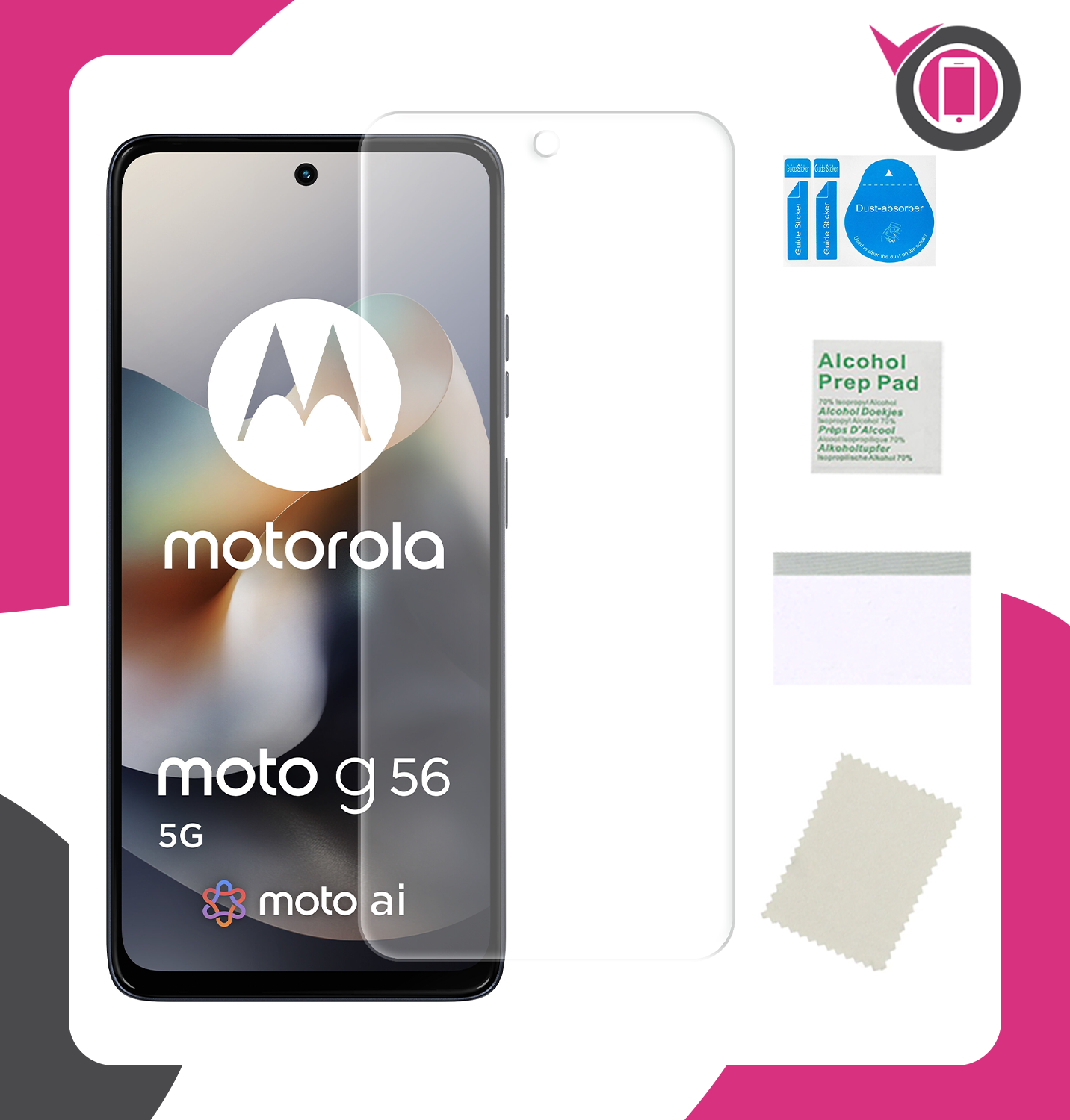Obraz przedstawia telefon Motorola Moto G56 5G z nałożoną przezroczystą folią ochronną na ekran. Obok telefonu znajdują się akcesoria do aplikacji folii, takie jak ściereczka, naklejki do usuwania kurzu i chusteczka nasączona alkoholem.