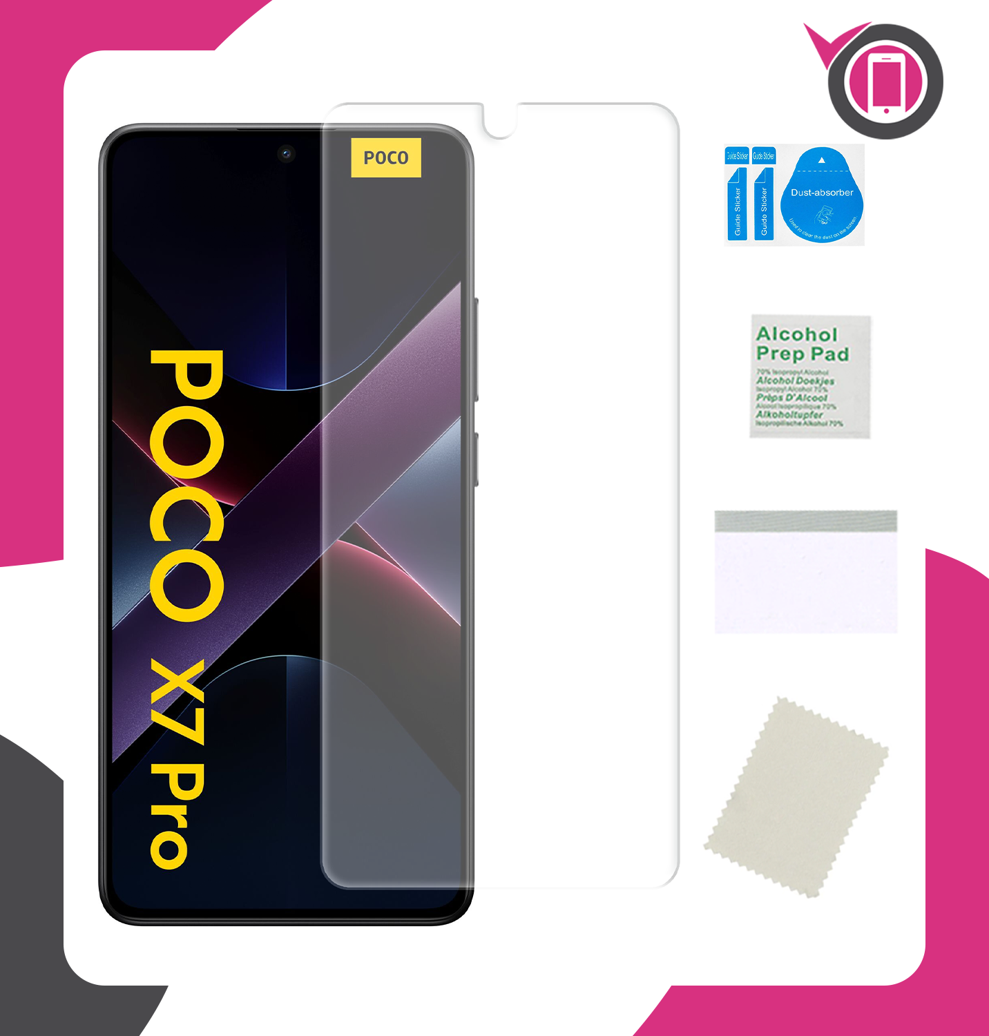 Obraz przedstawia telefon z napisem \'POCO X7 Pro\' oraz zestaw akcesoriów do montażu folii ochronnej, w tym ściereczkę, naklejki do usuwania kurzu i chusteczkę nasączoną alkoholem.