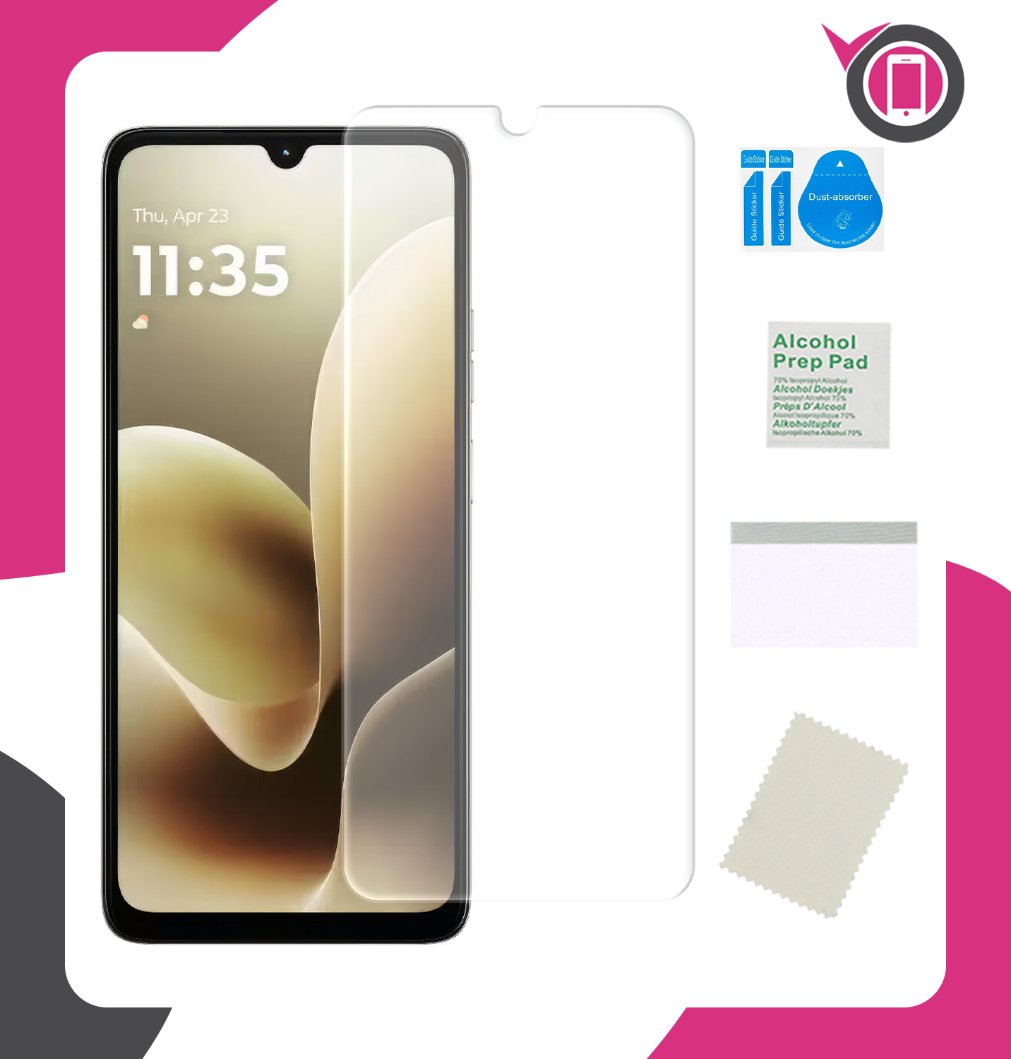 Na obrazie widoczny jest telefon z nałożoną przezroczystą folią ochronną na ekran. Obok znajdują się akcesoria do aplikacji folii, takie jak ściereczka, naklejki do usuwania kurzu i chusteczka nasączona alkoholem.