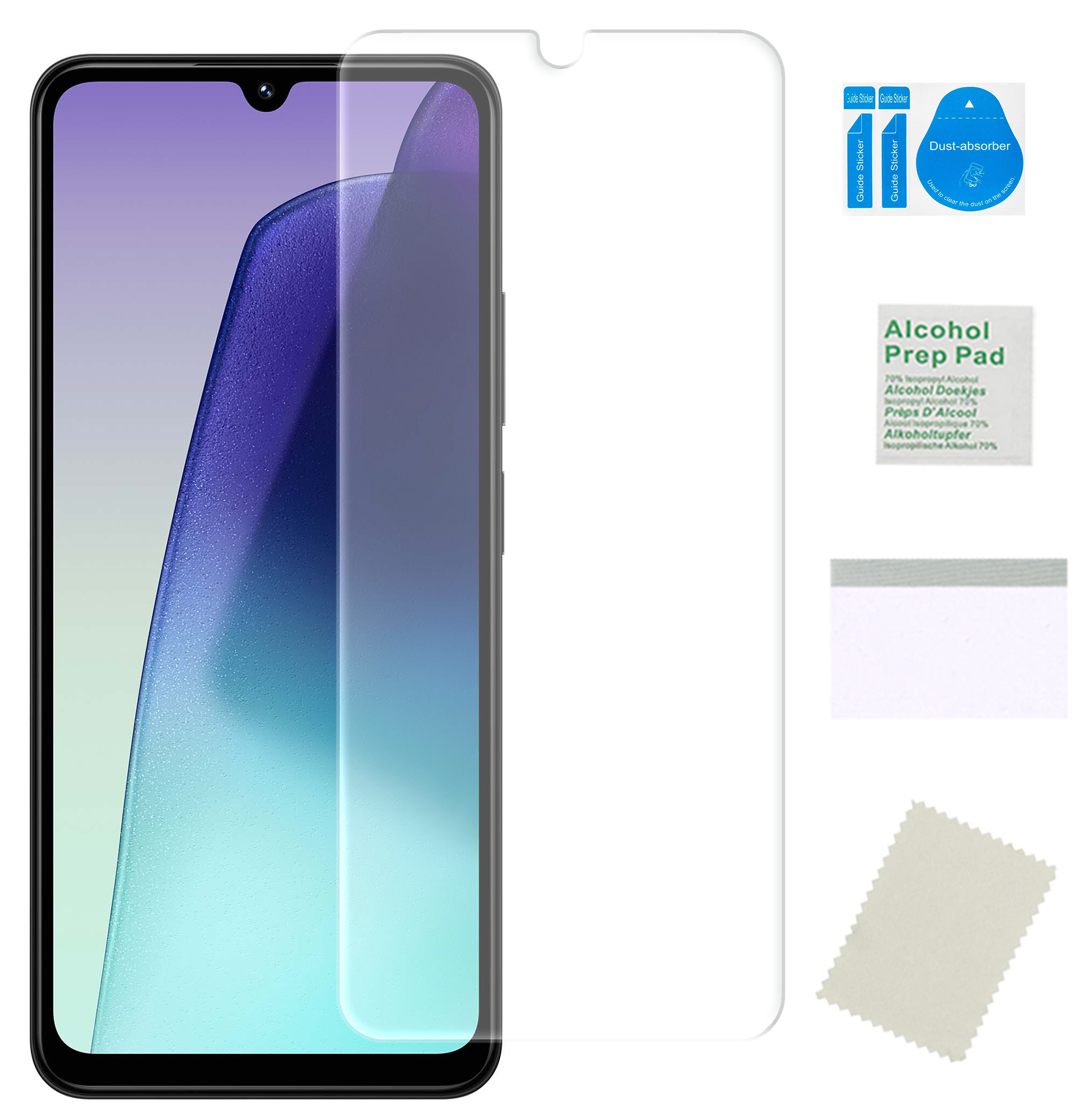 Obraz przedstawia telefon z nałożoną przezroczystą folią ochronną na ekran. Obok znajdują się akcesoria do montażu: naklejki \'Guide Sticker\', \'Dust-absorber\', \'Alcohol Prep Pad\', oraz ściereczka.