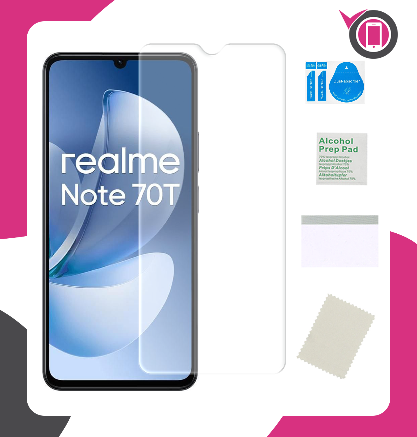 Obraz przedstawia telefon Realme Note 70T z nałożoną folią ochronną na ekran. Obok znajdują się akcesoria do aplikacji folii, takie jak ściereczka, naklejki do usuwania kurzu i chusteczka nasączona alkoholem.