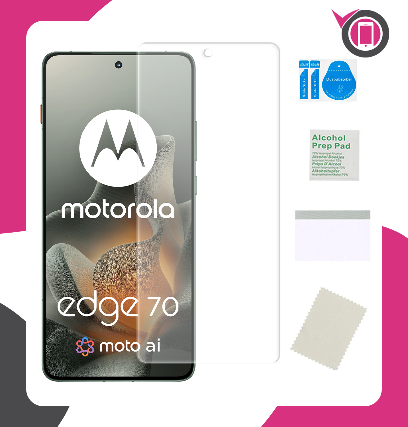 Na obrazie widoczny jest telefon Motorola Edge 70 z nałożoną folią ochronną. Obok znajdują się akcesoria do aplikacji folii, takie jak ściereczka, naklejki do usuwania kurzu i chusteczka nasączona alkoholem.
