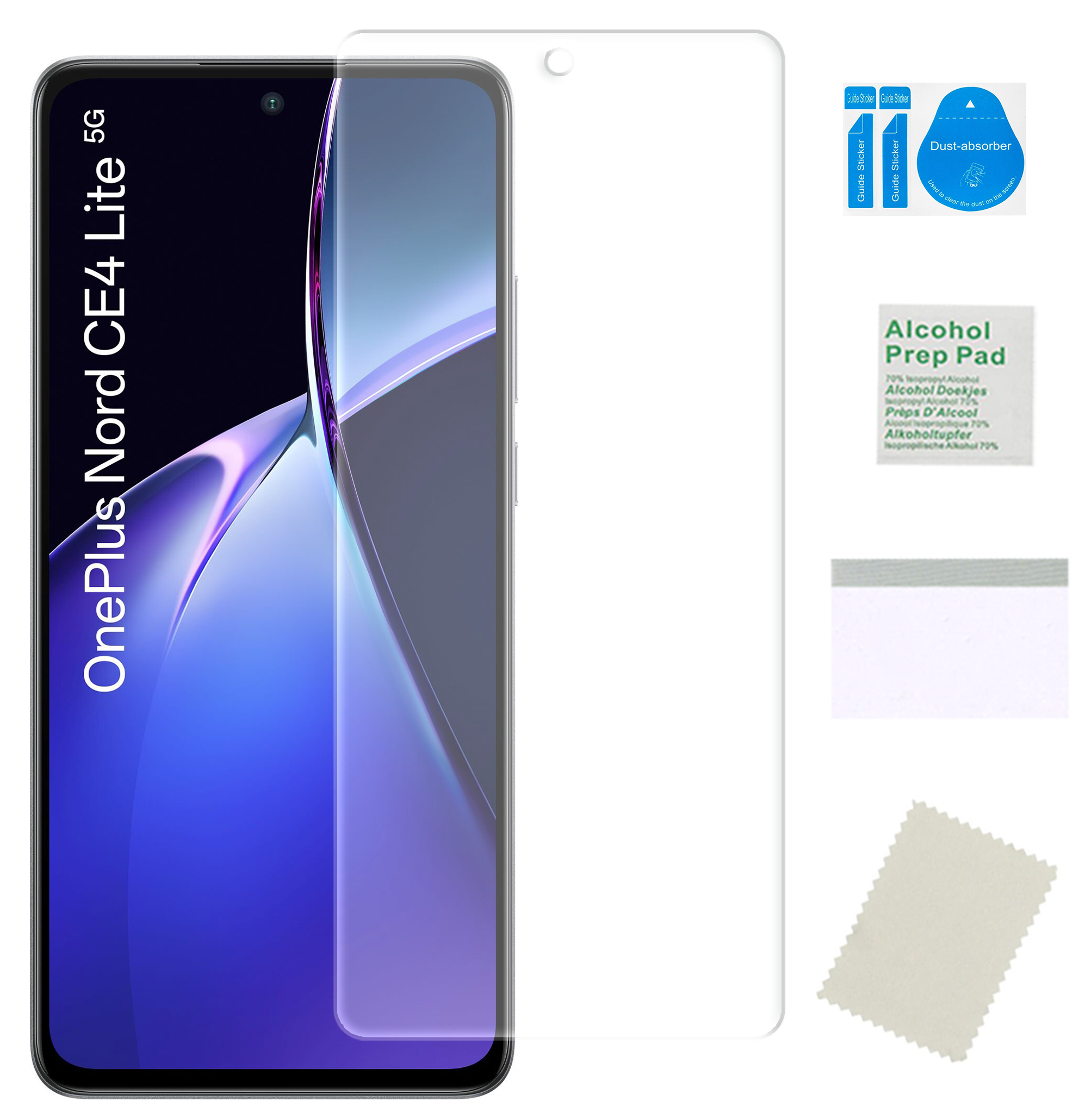 Na obrazie widoczny jest telefon OnePlus Nord CE4 Lite z nałożoną folią ochronną na ekran. Obok znajdują się akcesoria do aplikacji folii, takie jak ściereczka, naklejki do usuwania kurzu i chusteczka nasączona alkoholem.