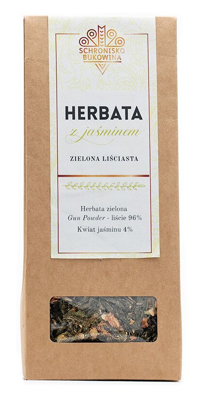 Opakowanie herbaty zielonej z jaśminem marki Schronisko Bukowina. Na etykiecie widnieje napis: \'HERBATA z jaśminem ZIELONA LIŚCIASTA\', a poniżej: \'Herbata zielona Gun Powder - liście 96%, Kwiat jaśminu 4%\'.