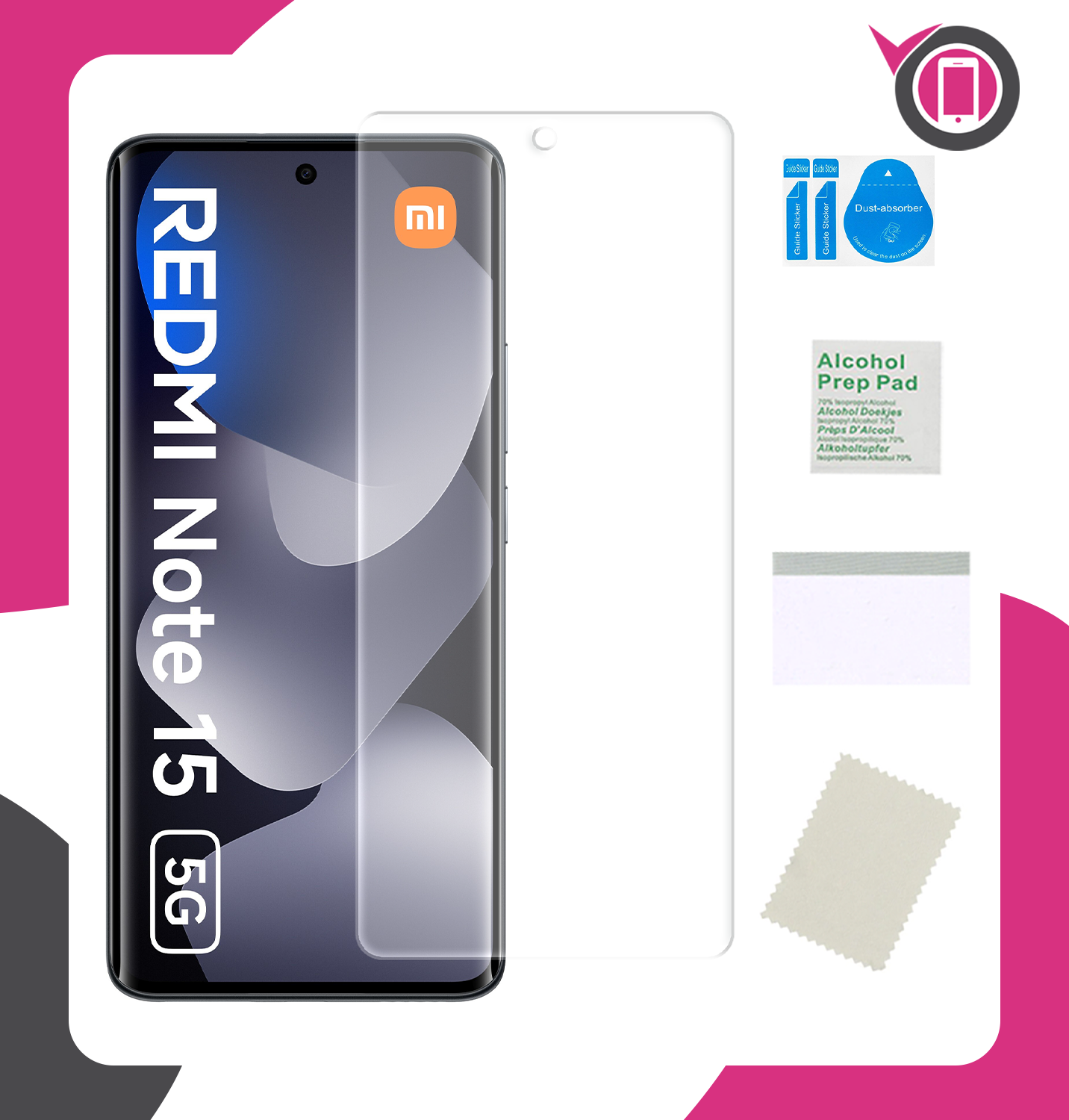 Na obrazie widoczny jest telefon z napisem \'REDMI Note 15 5G\' oraz zestaw akcesoriów do montażu folii ochronnej, w tym ściereczka, naklejki do usuwania kurzu i chusteczka nasączona alkoholem. Logo \'mi\' znajduje się na ekranie telefonu.
