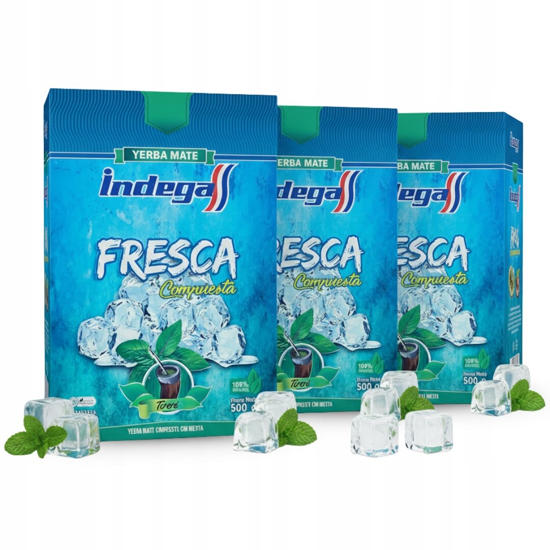 Na obrazie widoczne są trzy opakowania Yerba Mate Indega Fresca Conquista, każde o wadze 500g, z grafiką kostek lodu i liści mięty. Na opakowaniach znajduje się tekst: \'Yerba Mate\', \'Fresca\', \'Conquista\', \'Terere\'.