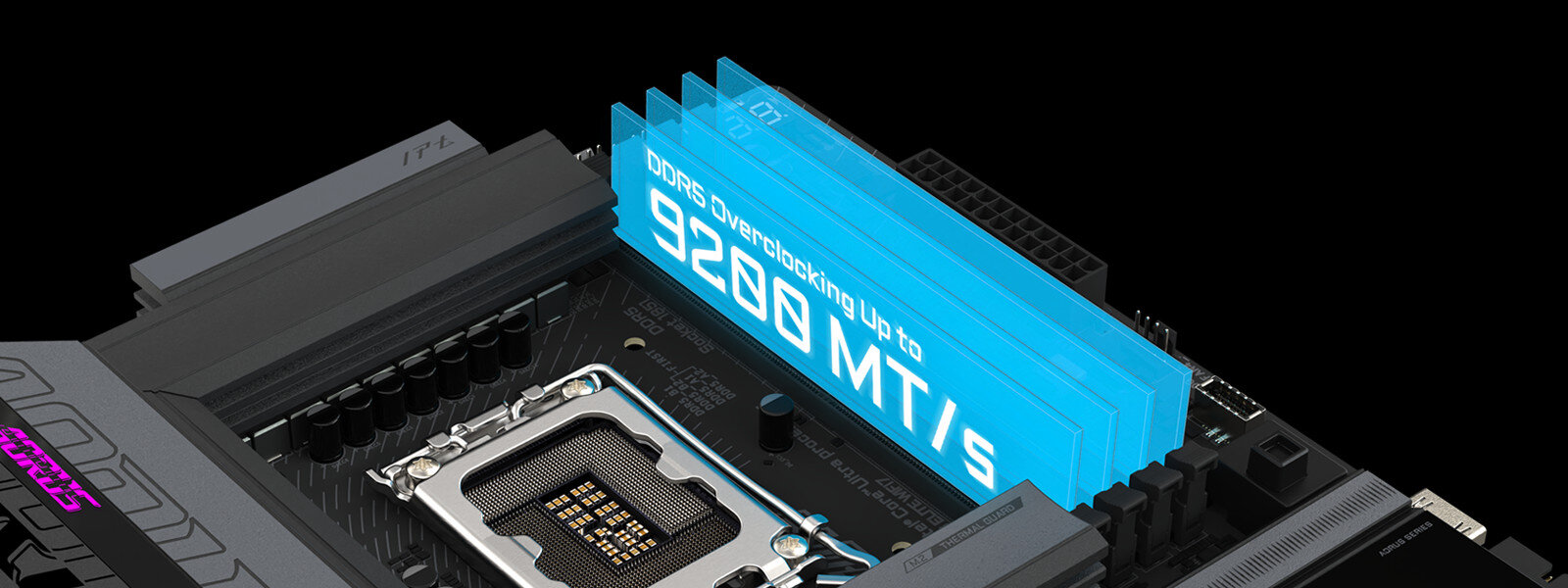 Obraz przedstawia fragment płyty głównej z widocznym gniazdem procesora i napisami \'DDR5 Overclocking up to 9200 MT/s\'.